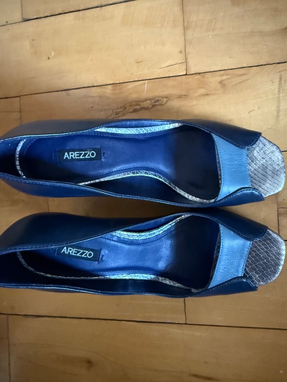 Arezzo Navy Blue Peep Toe Pumps Snake Trim Size 36